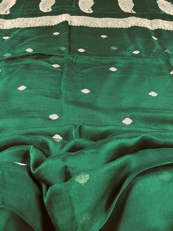 Bottle Green Pure Chiffon Silk Saree with Sliver Zari Work | Ambi Style Butta on the Border | Party Wear Sarees | SILK MARK CERTIFIED - Kaash