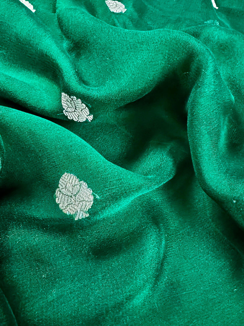Bottle Green Pure Chiffon Silk Saree with Sliver Zari Work | Ambi Style Butta on the Border | Party Wear Sarees | SILK MARK CERTIFIED - Kaash