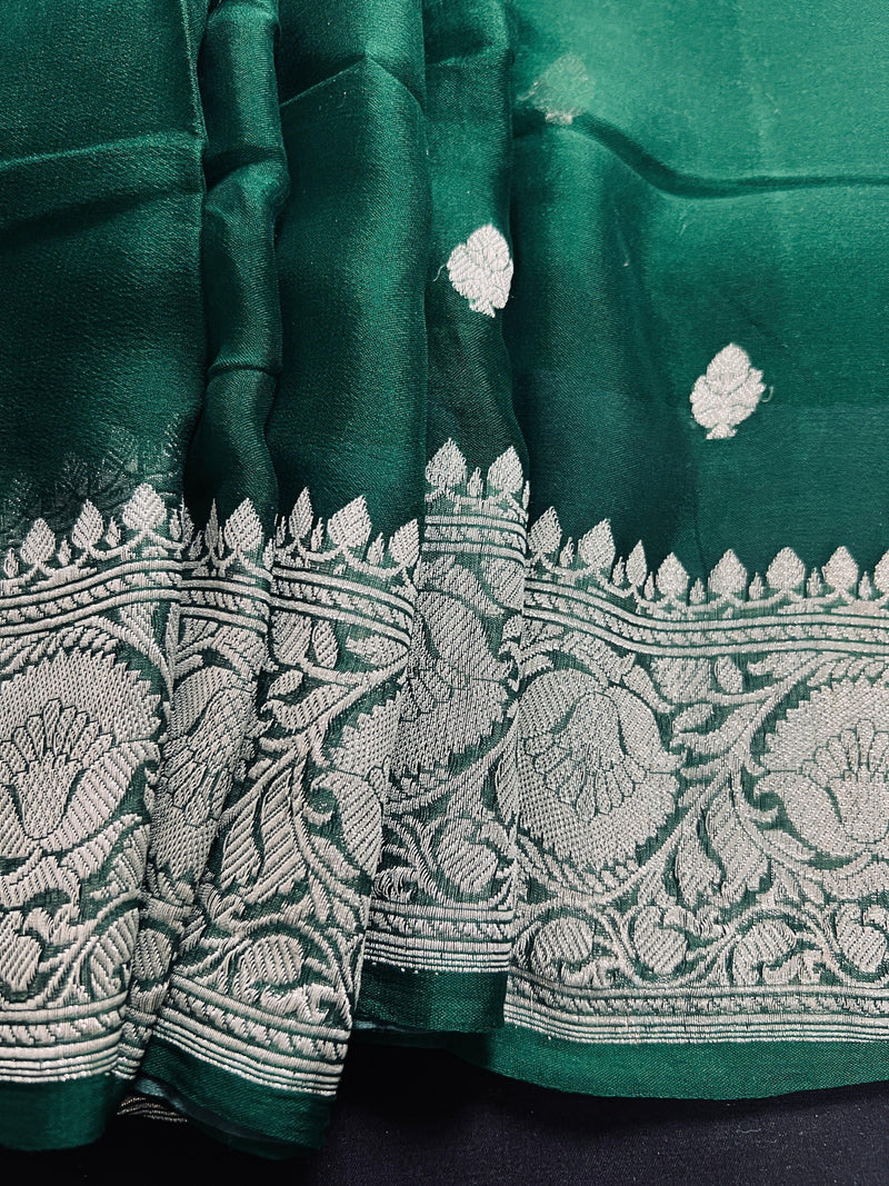 Bottle Green Pure Chiffon Silk Saree with Sliver Zari Work | Ambi Style Butta on the Border | Party Wear Sarees | SILK MARK CERTIFIED - Kaash