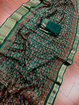 Bottle Green Cotton Silk Kantha-Inspired Print saree in soft cotton silk with kantha-inspired floral print — Kaash Collection