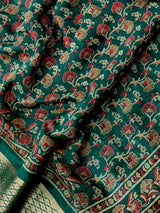 Bottle Green Cotton Silk Kantha-Inspired Print saree in soft cotton silk with kantha-inspired floral print — Kaash Collection