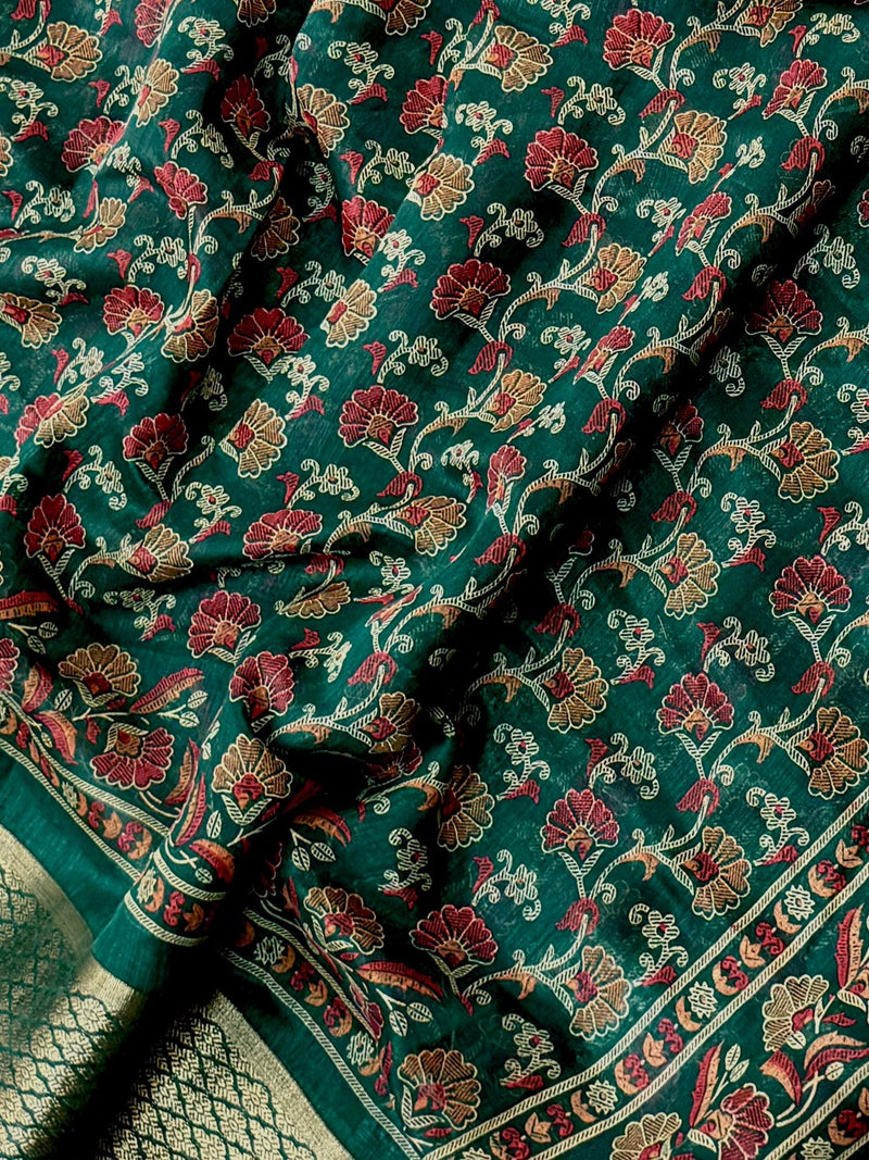 Bottle Green Cotton Silk Kantha-Inspired Print saree in soft cotton silk with kantha-inspired floral print — Kaash Collection
