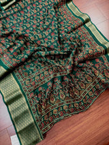 Bottle Green Cotton Silk Kantha-Inspired Print saree in soft cotton silk with kantha-inspired floral print — Kaash Collection