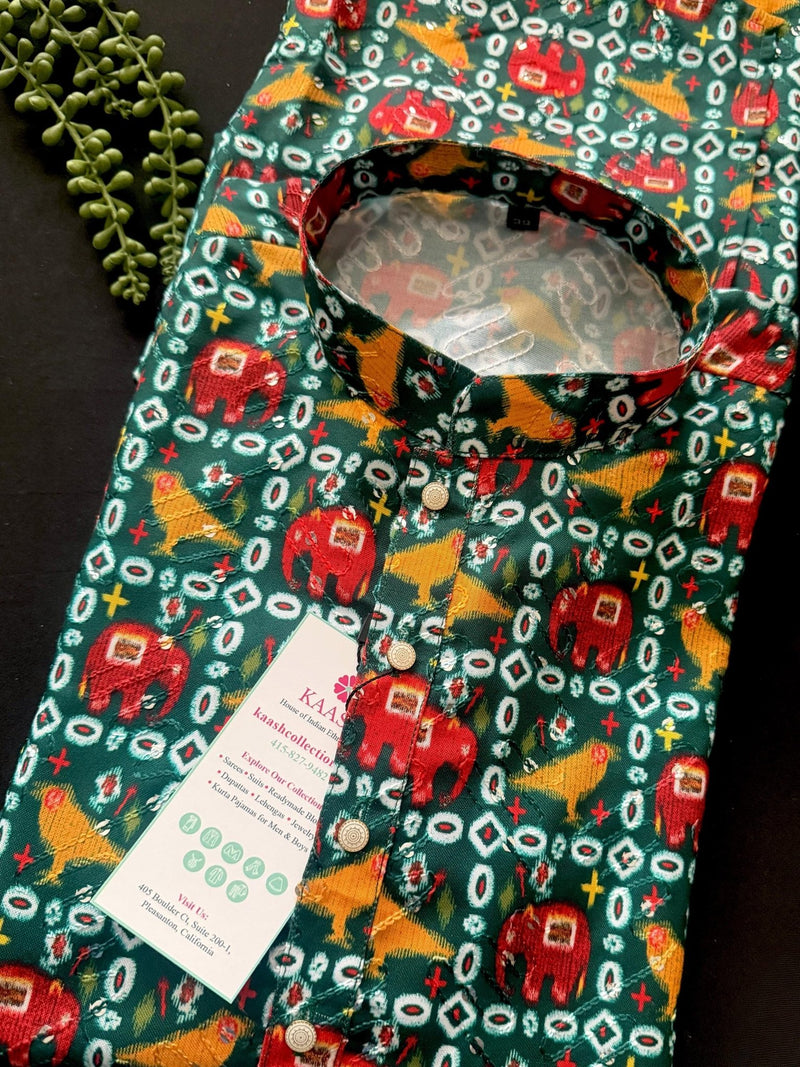 Bottle Green Soft Silk Kurta with Patola Pattern Prints with Sequin and Thread - Kaash
