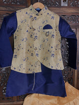 Blue & Gold Boys 3pcs Floral Jacket 3-piece kurta pajama set for boys with floral jacket 3pc set — Kaash Collection