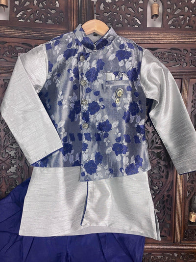 Boys 3pcs Kurta Pajama with Jacket in Floral Pattern in Sliver and Blue - Kaash