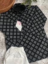 Boys Black Color Premium Cotton Silk Kurta Pajama Set with Self design Butti - Kaash