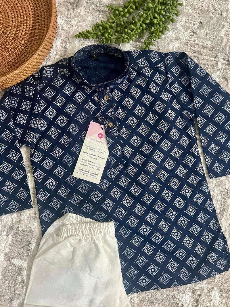 Boys Blue Color Premium Cotton Silk Kurta Pajama Set with Self design Butti - Kaash