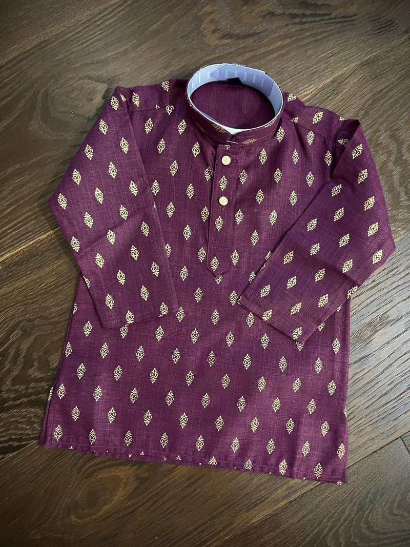 Eggplant Purple Father-Son Cotton 2-piece kurta pajama set for boys with small gold zari buttis — Kaash Collection