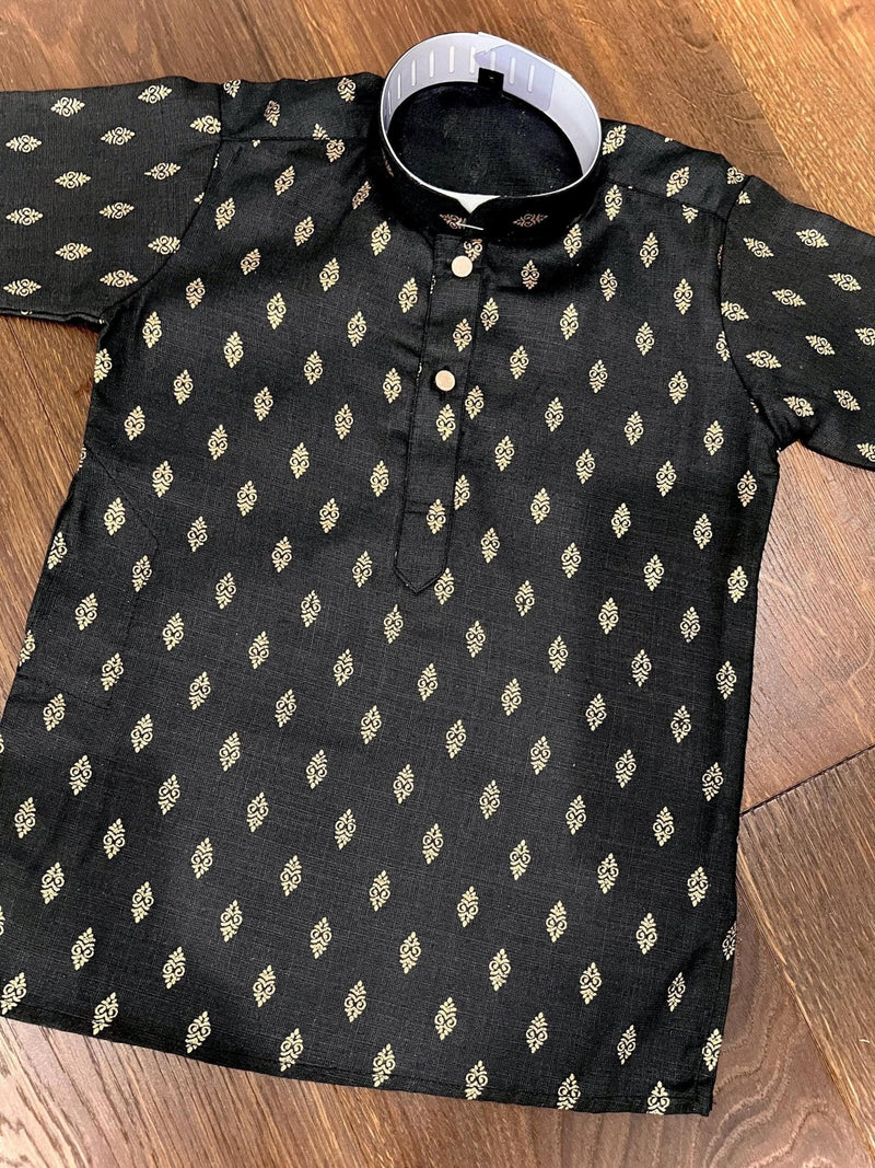 Black Father-Son Cotton 2-piece kurta pajama set for boys with small gold zari buttis — Kaash Collection