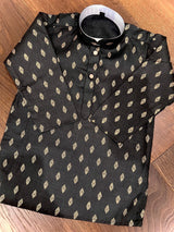 Black Father-Son Cotton 2-piece kurta pajama set for boys with small gold zari buttis — Kaash Collection