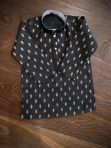 Black Father-Son Cotton 2-piece kurta pajama set for boys with small gold zari buttis — Kaash Collection