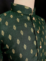 Green Father-Son Cotton 2-piece kurta pajama set for boys with small gold zari buttis — Kaash Collection