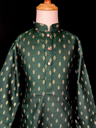Green Father-Son Cotton 2-piece kurta pajama set for boys with small gold zari buttis — Kaash Collection