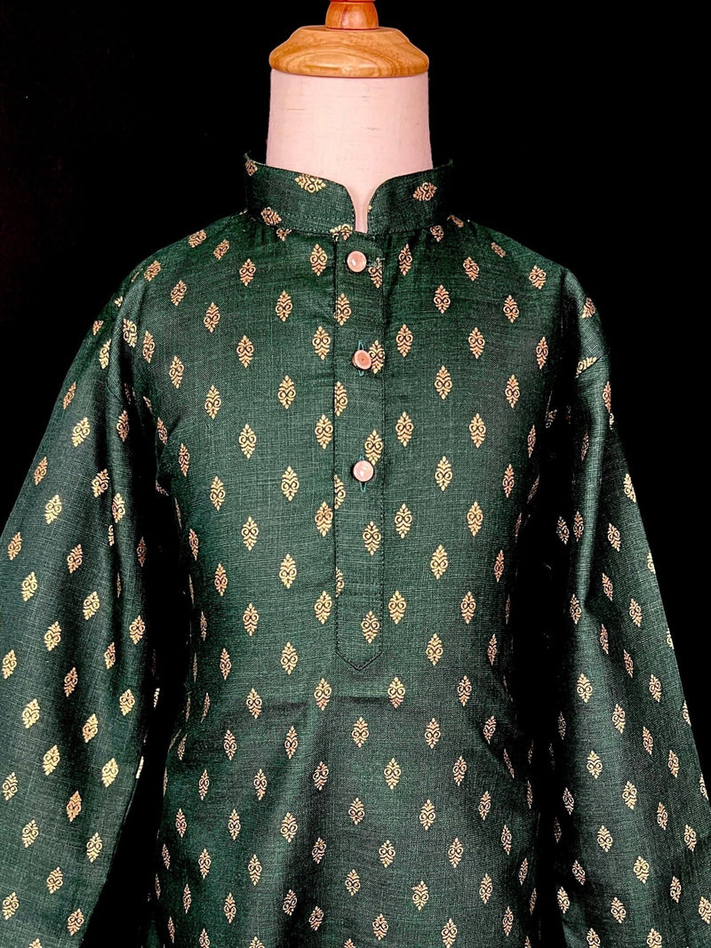 Green Father-Son Cotton 2-piece kurta pajama set for boys with small gold zari buttis — Kaash Collection