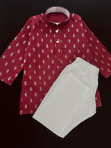 Maroon Father-Son Cotton 2-piece kurta pajama set for boys with small gold zari buttis — Kaash Collection
