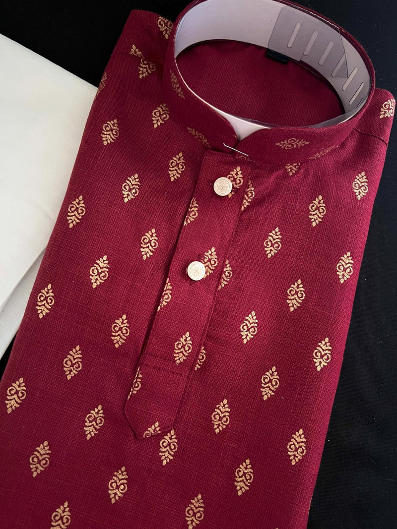 Maroon Father-Son Cotton 2-piece kurta pajama set for boys with small gold zari buttis — Kaash Collection