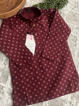 Wine Father-Son Cotton 2-piece kurta pajama set for boys with small gold & silver zari buttis — Kaash Collection