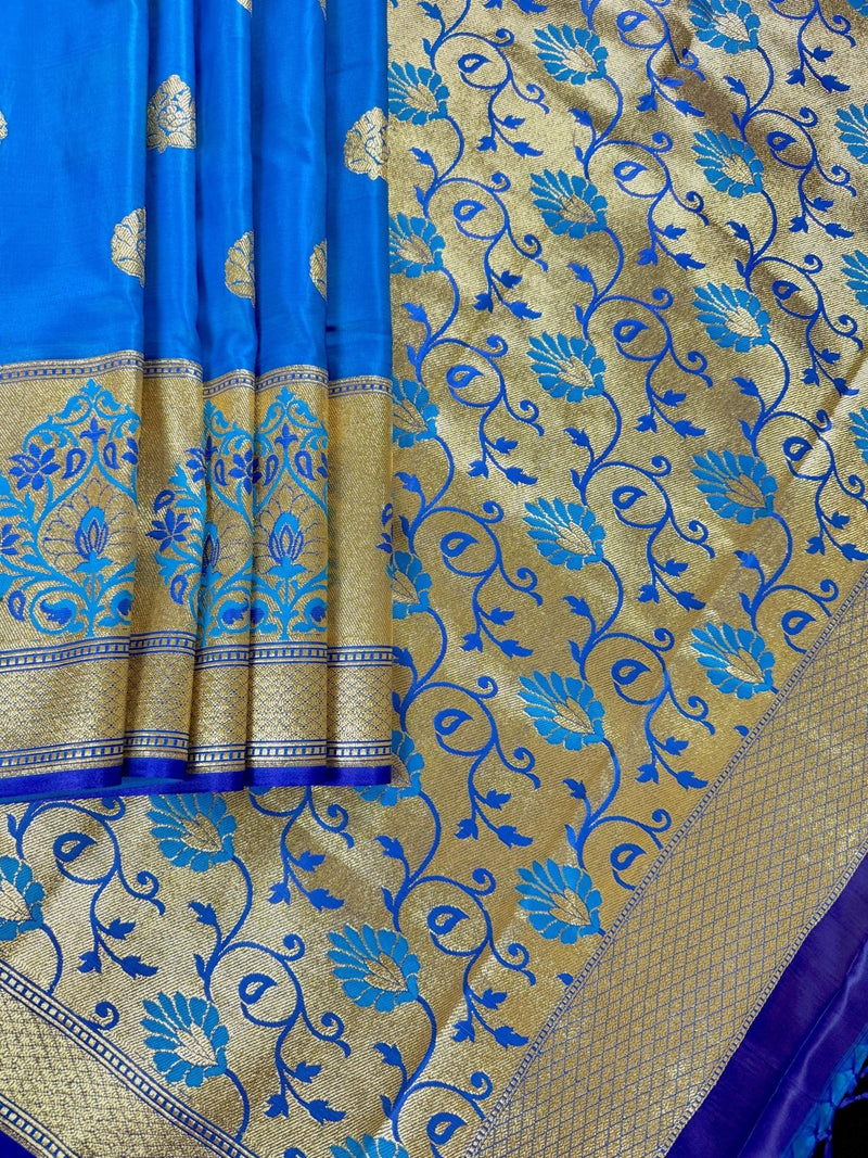 Bright Blue & Royal Blue Katan Satin saree in pure banarasi katan satin silk with tanchoi borders with meenakari pallu — Kaash Collection