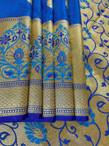 Bright Blue with Royal Blue Banarasi Katan Satin Silk Saree | Handloom Sare| Tanchoi borders and Pallu with Meenakari Work - Kaash