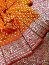 Bright Fanta Orange Traditional Banarasi handloom Saree Silk with Pink Borders and Pallu - Kaash