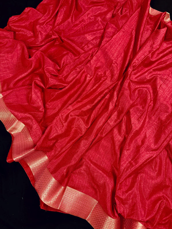 Bright Gajari Color Art Silk Saree with Lace Borders - Plain Body and Work Blouse - Bright Carrot Color Saree - Kaash