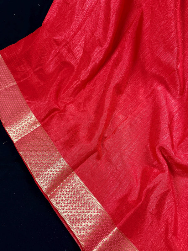 Bright Gajari Color Art Silk Saree with Lace Borders - Plain Body and Work Blouse - Bright Carrot Color Saree - Kaash
