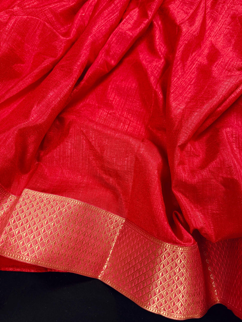 Bright Gajari Color Art Silk Saree with Lace Borders - Plain Body and Work Blouse - Bright Carrot Color Saree - Kaash
