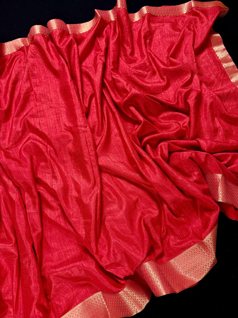 Bright Gajari Color Art Silk Saree with Lace Borders - Plain Body and Work Blouse - Bright Carrot Color Saree - Kaash