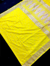 Bright Lemon Yellow Banarasi Mashru Silk Saree, Muted Gold Zari Weave, Small Buttis and Border - Kaash