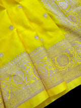 Bright Lemon Yellow Banarasi Mashru Silk Saree, Muted Gold Zari Weave, Small Buttis and Border - Kaash
