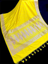 Bright Lemon Yellow Banarasi Mashru Silk Saree, Muted Gold Zari Weave, Small Buttis and Border - Kaash