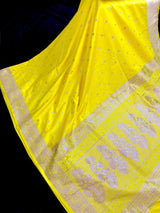 Bright Lemon Yellow Banarasi Mashru Silk Saree, Muted Gold Zari Weave, Small Buttis and Border - Kaash