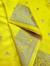Bright Lemon Yellow Banarasi Mashru Silk Saree, Muted Gold Zari Weave, Small Buttis and Border - Kaash