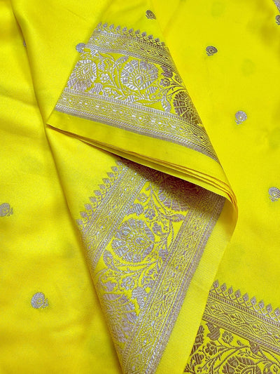 Bright Lemon Yellow Banarasi Mashru Silk Saree, Muted Gold Zari Weave, Small Buttis and Border - Kaash