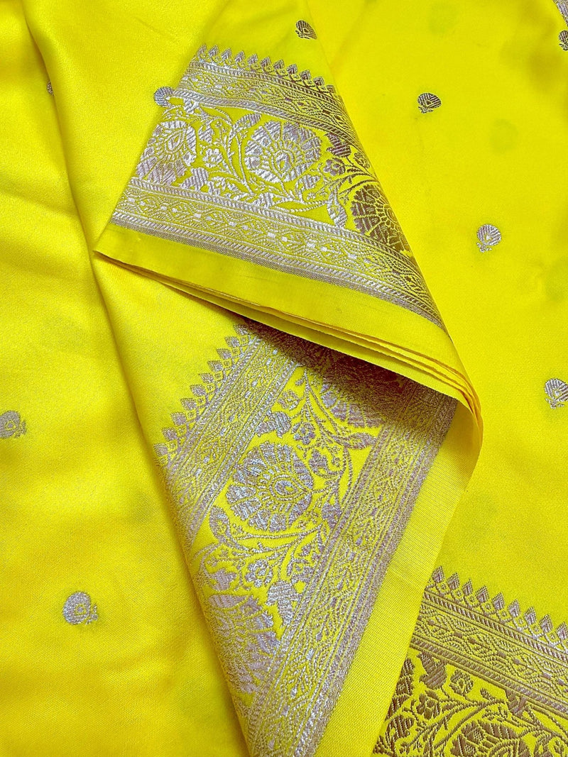 Bright Lemon Yellow Banarasi Mashru Silk Saree, Muted Gold Zari Weave, Small Buttis and Border - Kaash