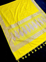 Bright Lemon Yellow Banarasi Mashru Silk Saree, Muted Gold Zari Weave, Small Buttis and Border - Kaash