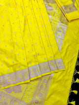 Bright Lemon Yellow Banarasi Mashru Silk Saree, Muted Gold Zari Weave, Small Buttis and Border - Kaash