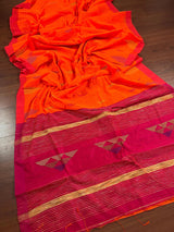 Bright Orange Cotton Silk Kantha saree in cotton silk with kantha & gicha thread work with pink pallu — Kaash Collection
