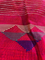 Bright Orange Cotton Silk Kantha saree in cotton silk with kantha & gicha thread work with pink pallu — Kaash Collection