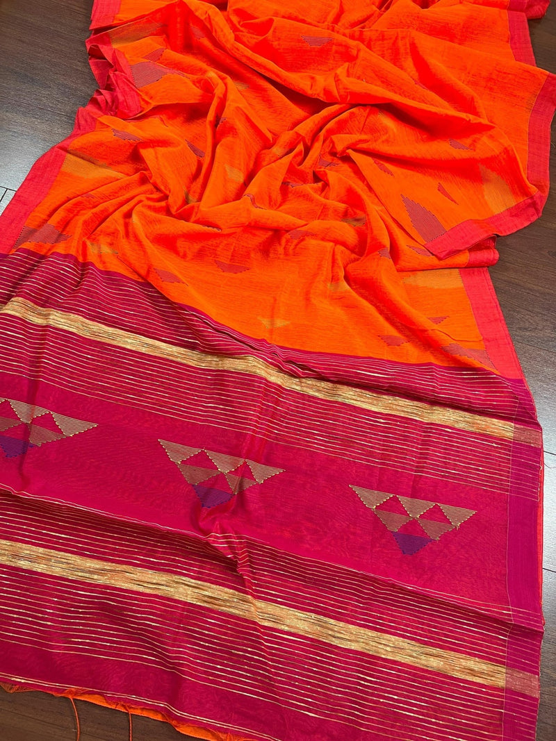 Bright Orange Cotton Silk Kantha saree in cotton silk with kantha & gicha thread work with pink pallu — Kaash Collection