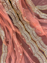 Bright Peach net dupatta with gold zari, sequin & beadwork — Kaash Collection