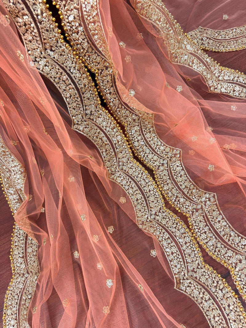 Bright Peach net dupatta with gold zari, sequin & beadwork — Kaash Collection