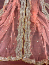 Bright Peach net dupatta with gold zari, sequin & beadwork — Kaash Collection