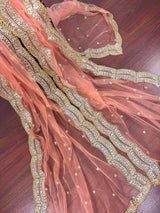 Bright Peach net dupatta with gold zari, sequin & beadwork — Kaash Collection