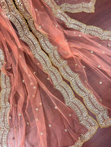 Bright Peach net dupatta with gold zari, sequin & beadwork — Kaash Collection