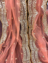 Bright Peach net dupatta with gold zari, sequin & beadwork — Kaash Collection