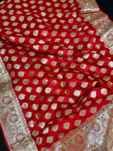 Bright Red Banarasi Satin Silk Traditional Saree with Gold Zari Jaal Weave and Grand Pallu - Kaash