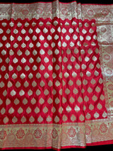 Bright Red Banarasi Satin Silk Traditional Saree with Gold Zari Jaal Weave and Grand Pallu | Wedding Sarees in Red Color - Kaash