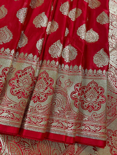 Bright Red Banarasi saree in banarasi satin silk with gold zari jaal with grand pallu — Kaash Collection